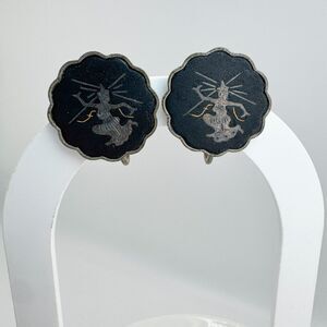 1950s Japan 925 Sterling Damascene Clip On Earrings Asian Dance Design